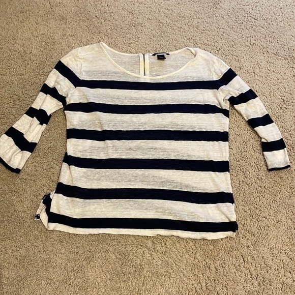H&M Blue and White Striped 100% Linen 3/4 Sleeve Top Zip Up Back Women's Large - Picture 2 of 8